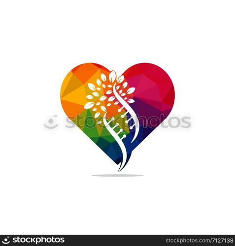 Dna tree and heart shape vector logo design. DNA genetic and heart icon. DNA with green leaves vector logo design.