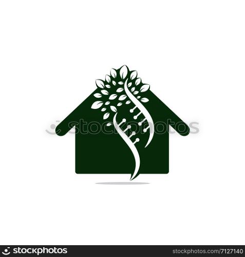 Dna tree and house shape vector logo design. DNA genetic and house icon. DNA with green leaves vector logo design.