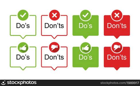Do and Don&rsquo;t, check mark, cross, thumbs up or down vector icons set. Do and Don&rsquo;t checklist symbols in circle. Vector illustration.. Do and Don&rsquo;t, check mark, cross, thumbs up or down vector icons set.