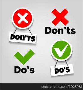 Do and dont icons. Do and dont icons. Doing recommendation and mistake color signs with text box for guidelines, tests and consumer rights vector illustration