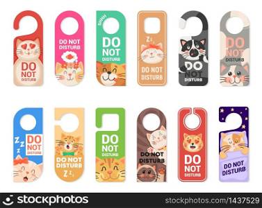 Do not disturb door hanger vector signs, tags or labels with cute cat animals. Hotel room door handle or knob hanging cards with sleeping kittens, playing kitties and warning messages of keep silence. Do not disturb door hanger signs, tags with cats