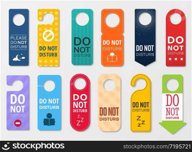 Do not disturb vector door hanger signs. Hotel room door handle or knob tags, labels or cards with do not disturb, prohibition or warning signs, quiet, sleep or busy messages for motel, resort, office. Do not disturb door hanger signs of hotel room