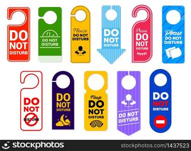 Do not disturb vector signs of hotel room door hanger tags, handle labels or knob cards with warning messages and prohibition symbols. Door hanger signs for motel, spa resort, office and clinic. Do not disturb signs of hotel room door hangers