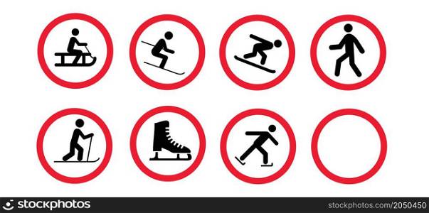Do not enter or entry zone Stop no cross for ice skate, skating, sledding, sign Forbid warning for sleigh, sleighing or sledging signs Caution danger for skiing Halt allowed traffic sledge, sled area