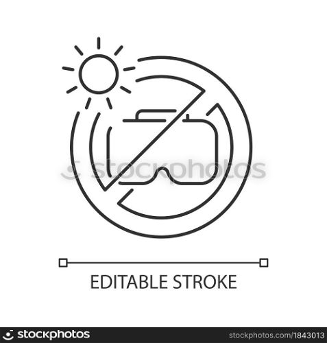 Do not leave in sunlight linear manual label icon. Thin line customizable illustration. Contour symbol. Vector isolated outline drawing for product use instructions. Editable stroke. Do not leave in sunlight linear manual label icon