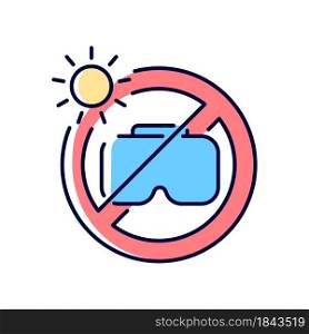 Do not leave in sunlight RGB color manual label icon. Direct sunlight lead to fire and vision damage. Isolated vector illustration. Simple filled line drawing for product use instructions. Do not leave in sunlight RGB color manual label icon