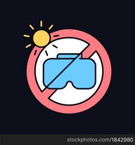 Do not leave in sunlight RGB color manual label icon for dark theme. Isolated vector illustration on night mode background. Simple filled line drawing on black for product use instructions. Do not leave in sunlight RGB color manual label icon for dark theme