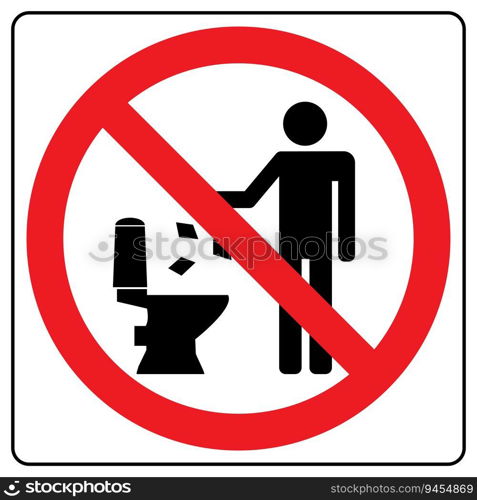 Do not litter in toilet icon. Keep clean sign. Silhouette of a man, throw garbage in a bin, in square isolated on white background. No littering in red circle. Vector illustration