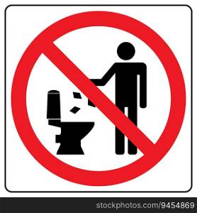 Do not litter in toilet icon. Keep clean sign. Silhouette of a man, throw garbage in a bin, in square isolated on white background. No littering in red circle. Vector illustration