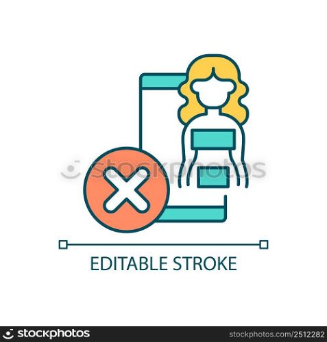 Do not post nude photos RGB color icon. Social media censorship. Netiquette rule. Naked woman picture. Isolated vector illustration. Simple filled line drawing. Editable stroke. Arial font used. Do not post nude photos RGB color icon