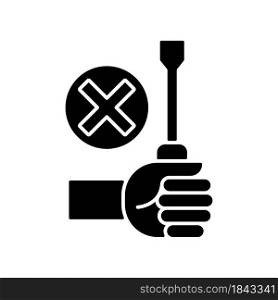 Do not repair yourself black glyph manual label icon. Do not attempt fix device yourself. Silhouette symbol on white space. Vector isolated illustration for product use instructions. Do not repair yourself black glyph manual label icon