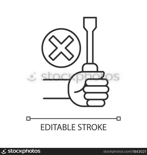 Do not repair yourself linear manual label icon. Repair service. Thin line customizable illustration. Contour symbol. Vector isolated outline drawing for product use instructions. Editable stroke. Do not repair yourself linear manual label icon