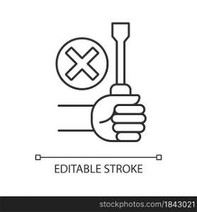 Do not repair yourself linear manual label icon. Repair service. Thin line customizable illustration. Contour symbol. Vector isolated outline drawing for product use instructions. Editable stroke. Do not repair yourself linear manual label icon