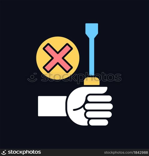 Do not repair yourself RGB color manual label icon for dark theme. Isolated vector illustration on night mode background. Simple filled line drawing on black for product use instructions. Do not repair yourself RGB color manual label icon for dark theme