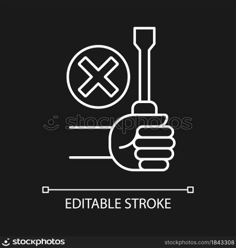 Do not repair yourself white linear manual label icon for dark theme. Thin line customizable illustration. Isolated vector contour symbol for night mode for product use instructions. Editable stroke. Do not repair yourself white linear manual label icon for dark theme