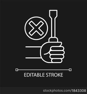 Do not repair yourself white linear manual label icon for dark theme. Thin line customizable illustration. Isolated vector contour symbol for night mode for product use instructions. Editable stroke. Do not repair yourself white linear manual label icon for dark theme
