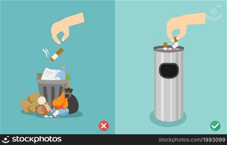 Do not throw cigarette butts on the floor,wrong and right.vector illustration
