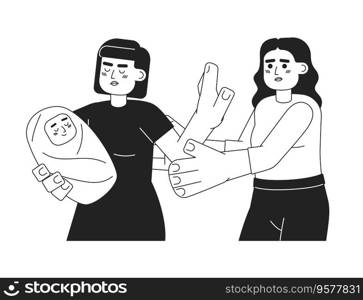 Do not touch baby monochrome concept vector spot illustration. Stop stranger. Asian woman protecting newborn 2D flat bw cartoon characters for web UI design. Isolated editable hand drawn hero image. Do not touch baby monochrome concept vector spot illustration