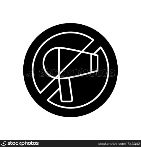 Do not use a hairdryer if wet black glyph manual label icon. Avoid material degradation. Silhouette symbol on white space. Vector isolated illustration for product use instructions. Do not use a hairdryer if wet black glyph manual label icon