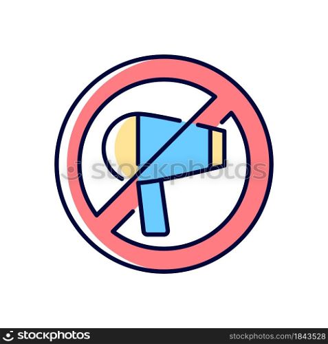 Do not use a hairdryer if wet RGB color manual label icon. Avoid material degradation. VR device hygiene and care. Isolated vector illustration. Simple filled line drawing for product use instructions. Do not use a hairdryer if wet RGB color manual label icon
