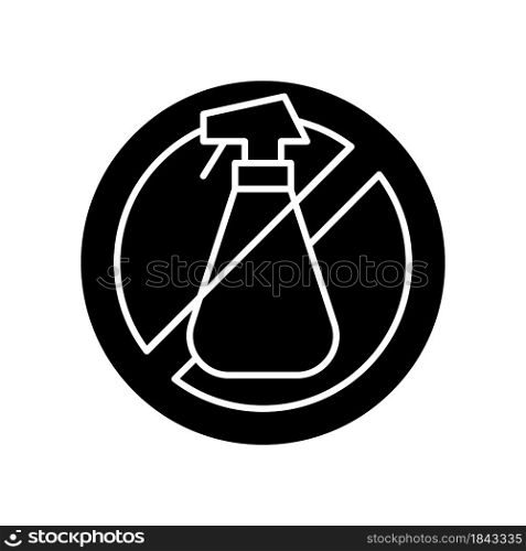 Do not use cleaning agents black glyph manual label icon. Alcohol is abrasive for lenses. Silhouette symbol on white space. Vector isolated illustration for product use instructions. Do not use cleaning agents black glyph manual label icon