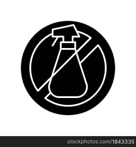 Do not use cleaning agents black glyph manual label icon. Alcohol is abrasive for lenses. Silhouette symbol on white space. Vector isolated illustration for product use instructions. Do not use cleaning agents black glyph manual label icon