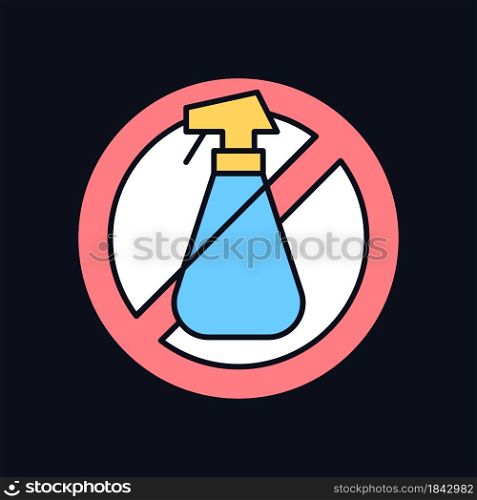Do not use cleaning agents RGB color manual label icon for dark theme. Isolated vector illustration on night mode background. Simple filled line drawing on black for product use instructions. Do not use cleaning agents RGB color manual label icon for dark theme