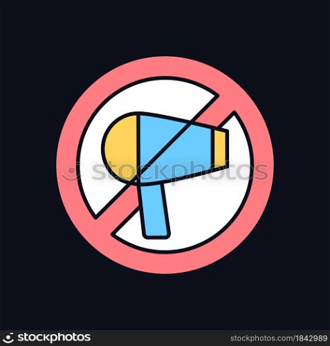 Do not use hairdryer if wet RGB color manual label icon for dark theme. Isolated vector illustration on night mode background. Simple filled line drawing on black for product use instructions. Do not use hairdryer if wet RGB color manual label icon for dark theme