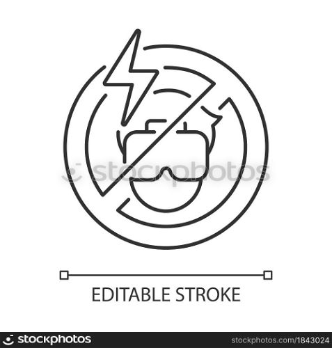 Do not use if the headset causes headache linear manual label icon. Thin line customizable illustration. Contour symbol. Vector isolated outline drawing for product use instructions. Editable stroke. Do not use if the headset causes headache linear manual label icon
