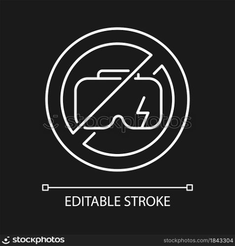 Do not use when broken white linear manual label icon for dark theme. Thin line customizable illustration. Isolated vector contour symbol for night mode for product use instructions. Editable stroke. Do not use when broken white linear manual label icon for dark theme