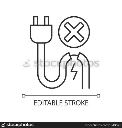 Do not use when damaged cable linear manual label icon. Thin line customizable illustration. Contour symbol. Vector isolated outline drawing for product use instructions. Editable stroke. Do not use when damaged cable linear manual label icon