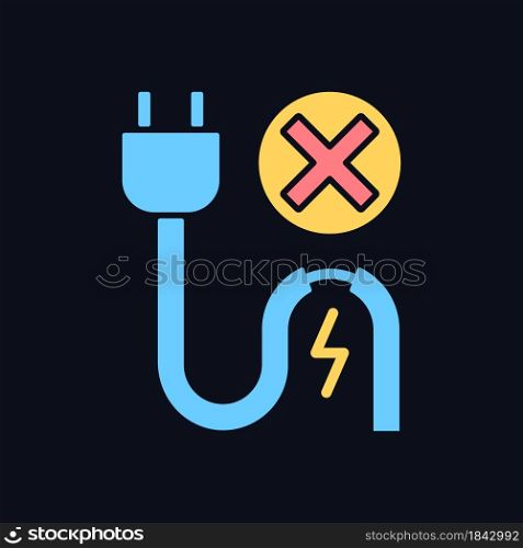 Do not use when damaged cable RGB color manual label icon for dark theme. Isolated vector illustration on night mode background. Simple filled line drawing on black for product use instructions. Do not use when damaged cable RGB color manual label icon for dark theme