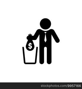 Do not waste your money illustration. Businessman throw money in the trash. Vector on isolated white background. EPS 10.. Do not waste your money illustration. Businessman throw money in the trash. Vector on isolated white background. EPS 10