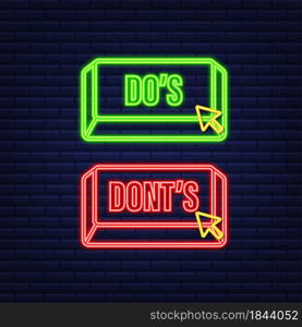 Do&rsquo;s and Don&rsquo;ts neon button. Flat simple thumb up symbol minimal round logotype element set. Vector illustration. Do&rsquo;s and Don&rsquo;ts neon button. Flat simple thumb up symbol minimal round logotype element set. Vector illustration.
