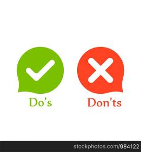 Do's don'ts signs in speech bubbles. Vector. Do's don'ts signs