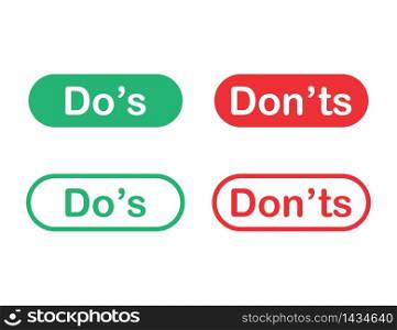 Do's and don'ts buttons in flat design with red and green colors. Yes or no answer. Illustration of positive and negative choice. Correct or incorrect symbol. Good or bad concept. Wrong result