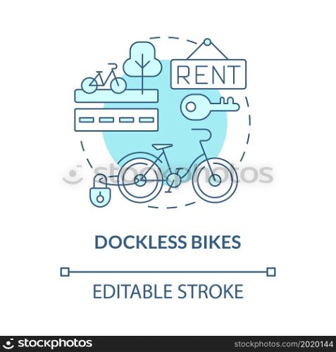 Dockless bikes blue concept icon. Bicycle sharing category abstract idea thin line illustration. Fourth generation. Bike-share system. Vector isolated outline color drawing. Editable stroke. Dockless bikes blue concept icon