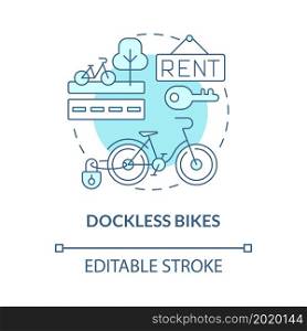 Dockless bikes blue concept icon. Bicycle sharing category abstract idea thin line illustration. Fourth generation. Bike-share system. Vector isolated outline color drawing. Editable stroke. Dockless bikes blue concept icon