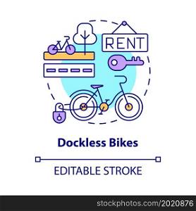 Dockless bikes concept icon. Bicycle sharing category abstract idea thin line illustration. Docking station absence. Bike-share system. Vector isolated outline color drawing. Editable stroke. Dockless bikes concept icon