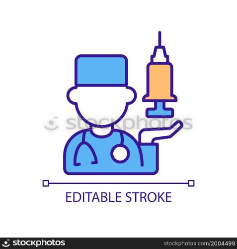 Doctor advice for covid vaccine RGB color icon. Booster dose recommendation. Vaccine effectiveness and safety. Isolated vector illustration. Simple filled line drawing. Editable stroke. Doctor advice for covid vaccine RGB color icon