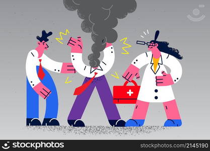 Doctor and colleague help businessman with burning head having deadline and workload. Male employee suffer from work burnout, overwhelmed with tasks in office. Job stress. Vector illustration. . Doctor help businessman struggling with job burnout