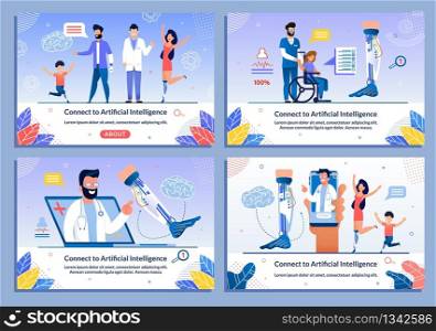 Doctor and Disabled Patient Character Banner Set. Artificial Intelligence Connection. Bionic Prostheses Body Parts. Online Support for Handicapped Adults and Children after Injure. Vector Illustration. Doctor and Disabled Patient Characters Banner Set