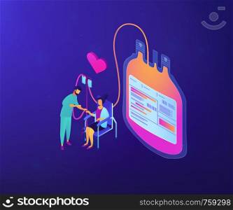 Doctor and donor sitting in chair and donating blood for transfusions. Blood donation, blood donor, hemolytic transfusion bank concept. Ultraviolet neon vector isometric 3D illustration.. Blood donation concept vector isometric illustration.