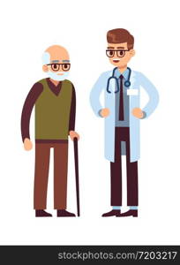 Doctor and elderly patient. Healthcare helping caring adult man, vector medicine hospital office staff. Doctor and elderly patient. Healthcare helping caring adult man, vector medicine office staff