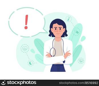 Doctor and exclamation mark 2D vector isolated illustration. Awareness flat character on cartoon background. Colourful editable scene for mobile, website, presentation. Pacifico Regular font used. Doctor and exclamation mark 2D vector isolated illustration