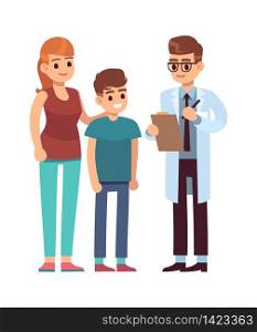 Doctor and family. Mom and son patient in medical clinic at pediatrician, children health care vector concept. Doctor and family. Mom and son in medical clinic at pediatrician, children health care vector concept