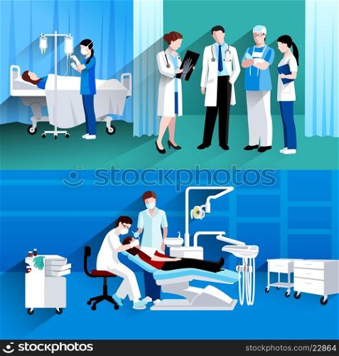 Doctor and nurse 2 medical banners . Medical specialists concilium and dental surgery private practice 2 flat horizontal banners composition abstract isolated vector illustration