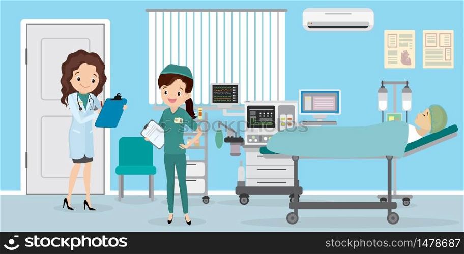 Doctor and nurse visiting female patient at hospital ward,Room with medical furniture,vector illustration