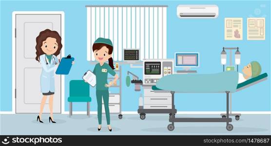 Doctor and nurse visiting female patient at hospital ward,Room with medical furniture,vector illustration