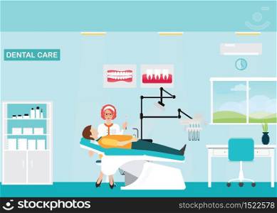 Doctor and patient at Dental care clinic or dentist office interior with medical dental arm-chair, table and poster, vector illustration.